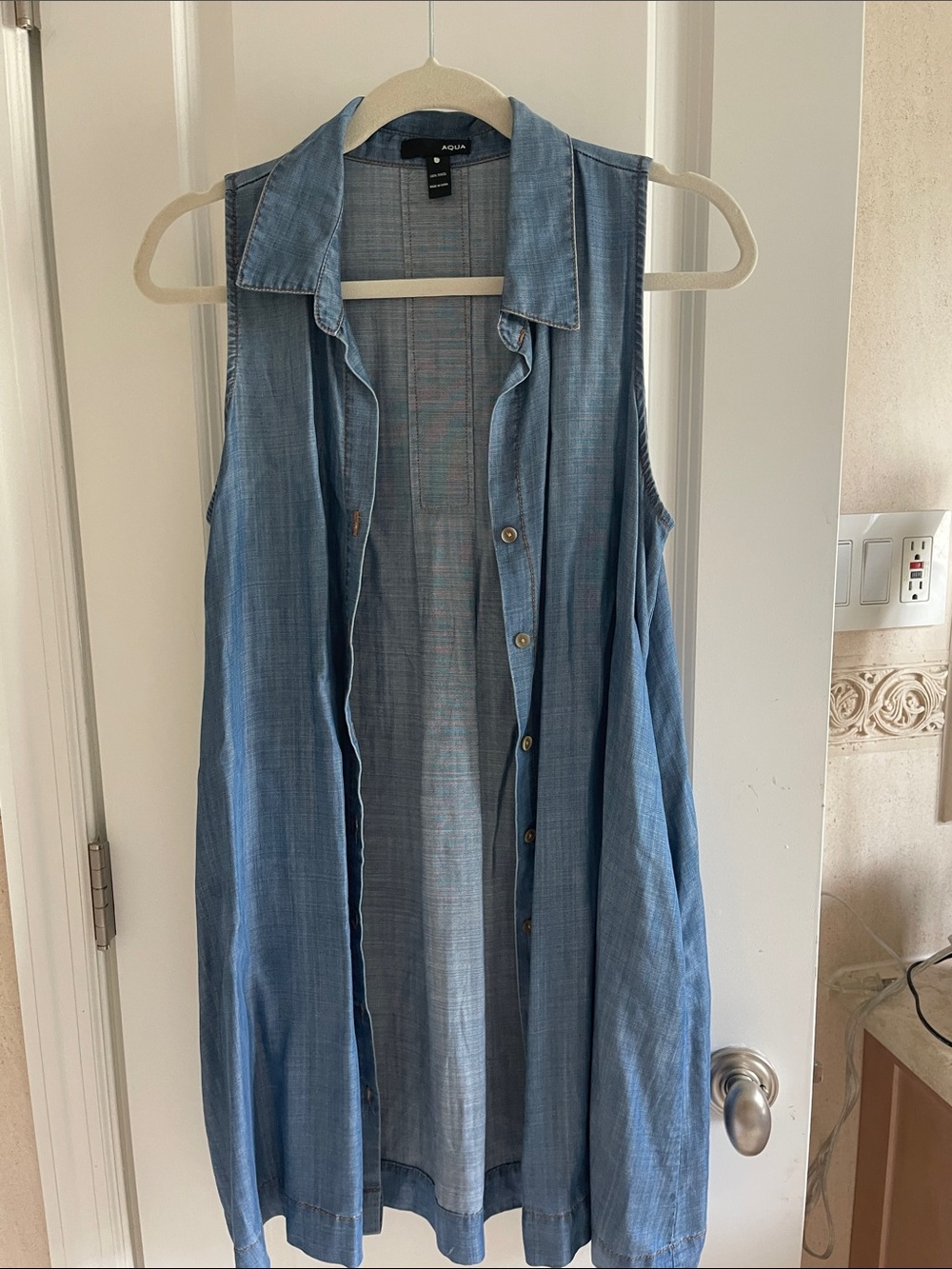 Aqua Sleeveless Chambray Midi Shirt Dress in Light Blue